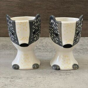 Ceramic Badger Set of Two Egg Cups Black White Wild Animal Novelty 3.25"